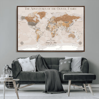 34289723-MGV-CV-36X24-Personalized World Map Wall Art – Elegant Beige and Brown Adventure Map Canvas Print for Family Home, Living Room, Study or Office