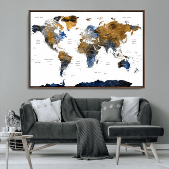 MGV-FC-36X24 - World Map Wall Art Canvas Print, Framed Blue Gold Map Art Picture Print, Rustic Atlas Perfect Rustic Modern Decor Artwork