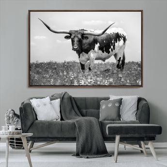 83785-MGV-CV-36X24-Texas Longhorn Wall Art Canvas Print, Framed Horned Bull Art Picture Print, Monochrome Cattle Perfect Rustic Western Decor Artwork
