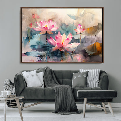 18414-MGV-CV-36X24-Pink Lotus Wall Art Canvas Print, Framed Water Lily Art Picture Print, Dreamy Floral Perfect Dreamy Botanical Decor Artwork