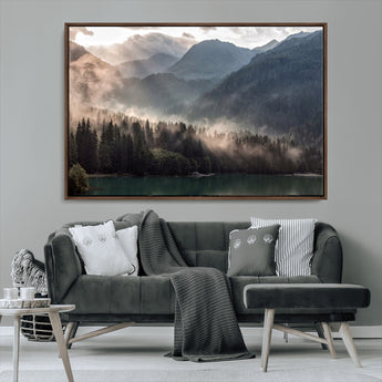 64758-MGV-CV-36X24-Misty Mountains Wall Art Canvas Print, Framed Moody Pines Art Picture Print, Forest Lake Perfect Moody Alpine Decor Artwork