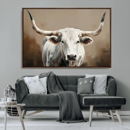 63550-MGV-CV-36X24-Texas Longhorn Wall Art Canvas Print, Framed White Bull Art Picture Print, Horned Cattle Perfect Rustic Western Decor Artwork