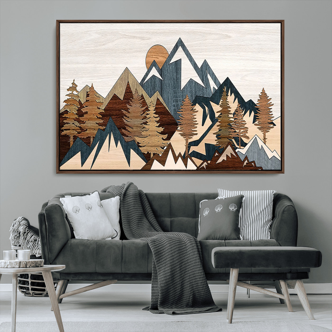 80300-MGV-CV-36X24-Geometric Mountains Wall Art Canvas Print, Framed Stylized Trees Art Picture Print, Graphic Forest Perfect Rustic Abstract Decor