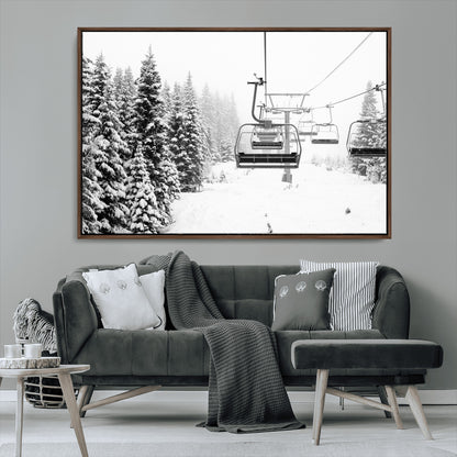 49274-MGV-CV-36X24-Snowy Forest Wall Art Canvas Print, Framed Ski Lift Art Picture Print, Mountain Snow Perfect Minimal Winter Lodge Decor Artwork