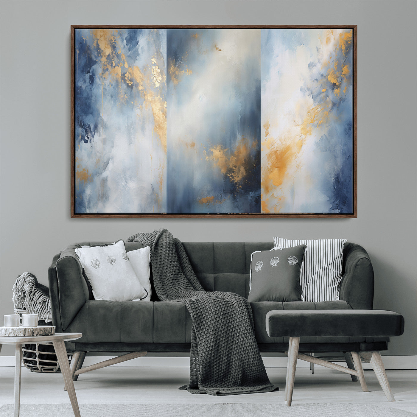 41836-MGV-CV-36X24-Abstract Gold Wall Art Canvas Print, Framed Blue Layers Art Picture Print, Elegant Cloud Perfect Elegant Minimalist Decor Artwork