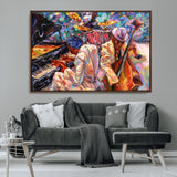 13675-MGV-CV-36X24-Jazz Band Wall Art Canvas Print, Framed Jazz Oil Painting Art Picture Print, Vibrant Music Perfect Abstract Musical Decor Artwork