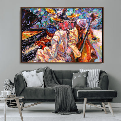 13675-MGV-CV-36X24-Jazz Band Wall Art Canvas Print, Framed Jazz Oil Painting Art Picture Print, Vibrant Music Perfect Abstract Musical Decor Artwork