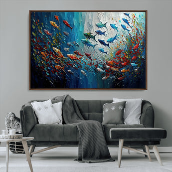 89626-MGV-CV-36X24-Fish Swarm Wall Art Canvas Print, Framed Abstract Ocean Art Picture Print, Underwater Life Perfect Vibrant Coastal Decor Artwork