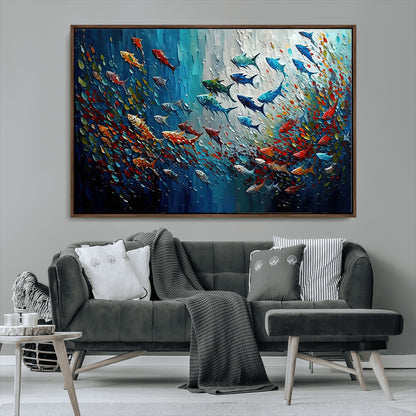 89626-MGV-CV-36X24-Fish Swarm Wall Art Canvas Print, Framed Abstract Ocean Art Picture Print, Underwater Life Perfect Vibrant Coastal Decor Artwork