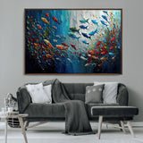 89626-MGV-CV-36X24-Fish Swarm Wall Art Canvas Print, Framed Abstract Ocean Art Picture Print, Underwater Life Perfect Vibrant Coastal Decor Artwork