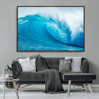 15566-MGV-FC-36X24_Walnut-Ocean Wave Wall Art Canvas Print, Framed Curling Wave Art Picture Print, Vibrant Surf Wave Perfect Coastal Surf Decor Artwork