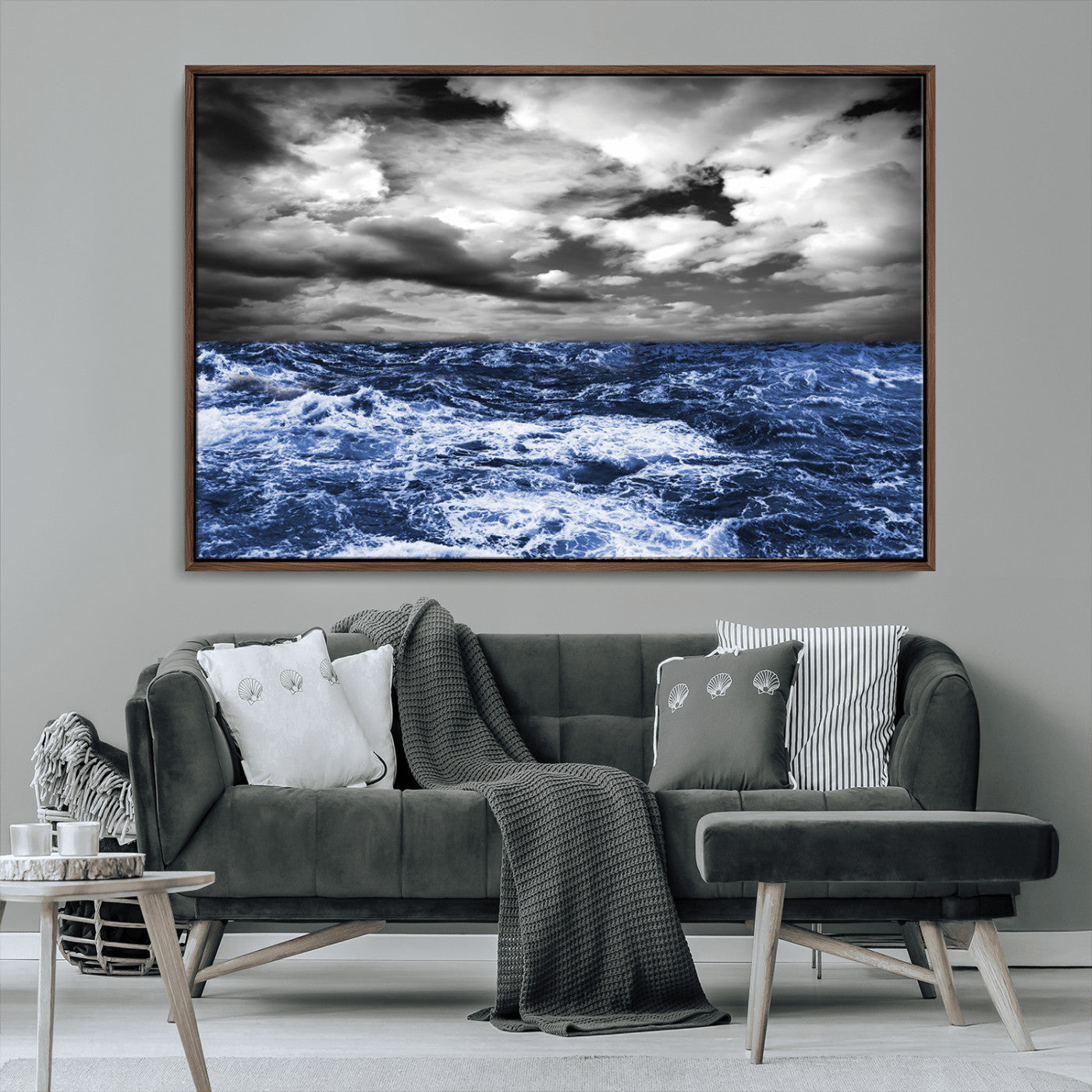 91043-MGV-CV-36X24-Stormy Ocean Wall Art Canvas Print, Framed Moody Seascape Art Picture Print, Monochrome Sea Perfect Coastal Drama Decor Artwork