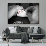 62460-MGV-FC-36X24_Walnut-Poker Game Wall Art – Close Up of Hands Holding Aces with Chips, Casino Style Decor for Game Room, Man Cave or Office