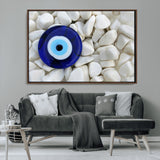 48883-MGV-CV-36X24-Evil Eye Wall Art – Deep Blue Symbol of Presence and Calm on White Stones, Subtle Spiritual Decor for Entryway, Studio, Office or