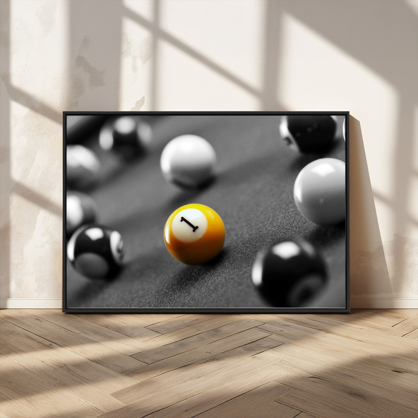52108-MGV-CV-36X24-Precision Pool Table Wall Art – Close Up Yellow 1 Ball Canvas Print, Hand-Played Billiards Game Decor for Office, Game Room, or