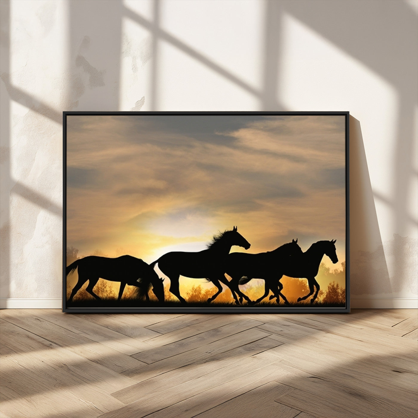16620-MGV-CV-36X24-Sunset Stallions Wall Art – Silhouetted Horses Running Canvas Print, Nature’s Rhythm, Perfect for Living Room, Office, or Man Cave