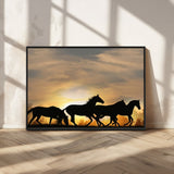 16620-MGV-CV-36X24-Sunset Stallions Wall Art – Silhouetted Horses Running Canvas Print, Nature’s Rhythm, Perfect for Living Room, Office, or Man Cave
