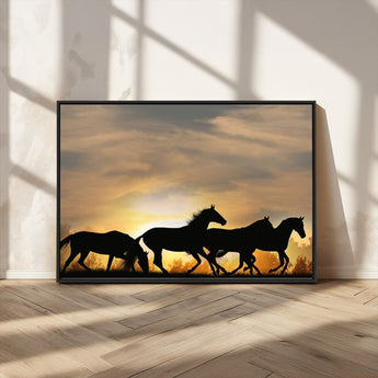 16620-MGV-CV-36X24-Sunset Stallions Wall Art – Silhouetted Horses Running Canvas Print, Nature’s Rhythm, Perfect for Living Room, Office, or Man Cave