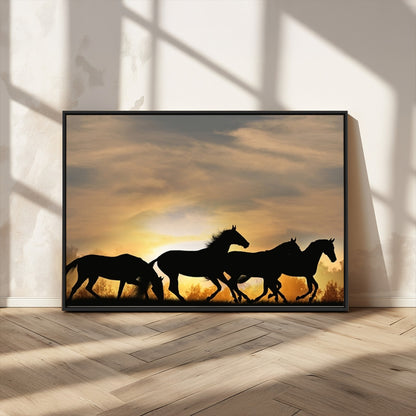16620-MGV-CV-36X24-Sunset Stallions Wall Art – Silhouetted Horses Running Canvas Print, Nature’s Rhythm, Perfect for Living Room, Office, or Man Cave