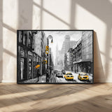 32362-MGV-CV-36X24-NYC Street Wall Art – Black and White Cityscape with Yellow Taxis and Umbrella Canvas Print, Urban Home Decor for Living Room or