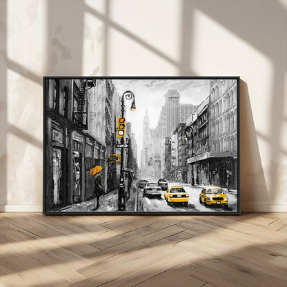 32362-MGV-CV-36X24-NYC Street Wall Art – Black and White Cityscape with Yellow Taxis and Umbrella Canvas Print, Urban Home Decor for Living Room or