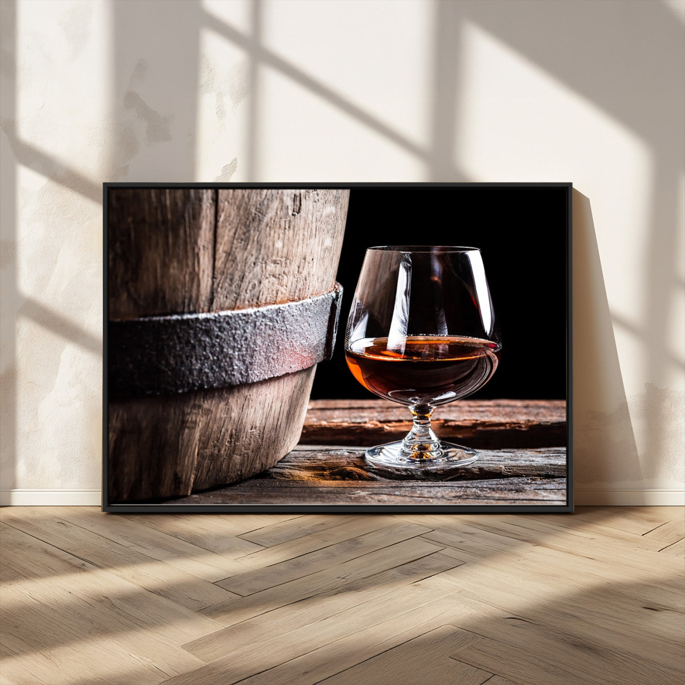 50839-MGV-FC-36X24_Black-Barrel & Brandy Wall Art – Rustic Whiskey Barrel and Brandy Glass Canvas Print, Elegant Home Bar or Lounge Decor for Office, Man