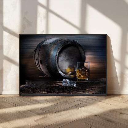78049-MGV-CV-36X24-Whiskey Barrel Wall Art – Rustic Whiskey Barrel and Glass with Ice Canvas Print, Classic Bar or Lounge Decor for Home, Office, or