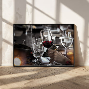 75513-MGV-CV-36X24-Elegant Wine Toast Wall Art – Close-Up Red Wine Glass at Dinner Table Canvas Print, Sophisticated Dining Room or Bar Decor