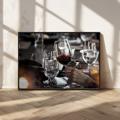 75513-MGV-CV-36X24-Elegant Wine Toast Wall Art – Close-Up Red Wine Glass at Dinner Table Canvas Print, Sophisticated Dining Room or Bar Decor