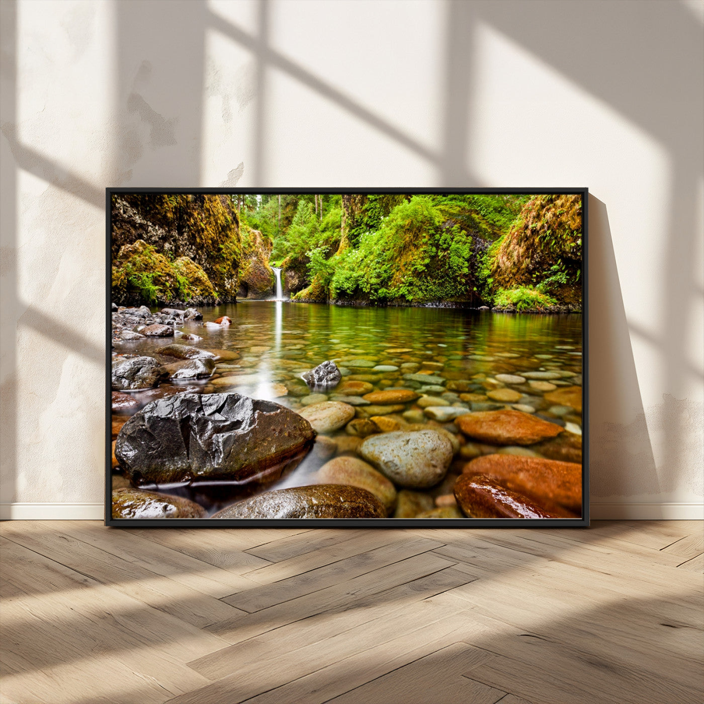 98096-MGV-CV-36X24-Serene River Waterfall Nature Photo – Calm Clear Water, Vibrant Green Forest and Smooth Stones Landscape Wall Art for Home or