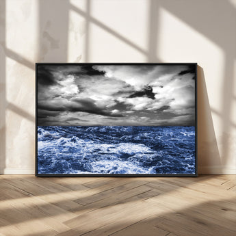 36012-MGV-FC-36X24_Black-Dramatic Stormy Ocean Waves Black and White with Deep Blue Highlights – Moody Seascape Wall Art, Nature Photography Print for Home