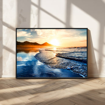 86173-MGV-CV-36X24-Golden Sunset Beach Wall Art – Reflective Ocean Canvas Print with Mountains and Waves, Coastal Nature Decor for Living Room,