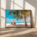 69754-MGV-FC-36X24_Black-Tropical Beach Wall Art – Relaxing Palm Tree and Lounge Chairs Canvas Print, Serene Coastal Decor for Living Room, Bedroom, Office
