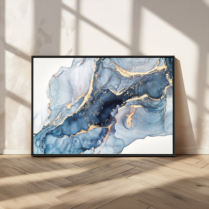 33782-MGV-CV-36X24-Abstract Marble Wall Art – Blue & Gold Fluid Painting Canvas Print, Modern Home Decor for Living Room, Bedroom or Office