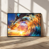 52890-MGV-FC-36X24_Black-Surfing Wave Wall Art Canvas Print, Framed Sunset Ocean Art Picture Print, Ocean Wave Perfect Nautical Decor Artwork