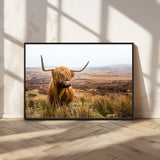 79391-MGV-CV-36X24-Majestic Highland Cow in Misty Scottish Moorland – Rustic Natural Charm, Perfect for Unique Home or Office Decor