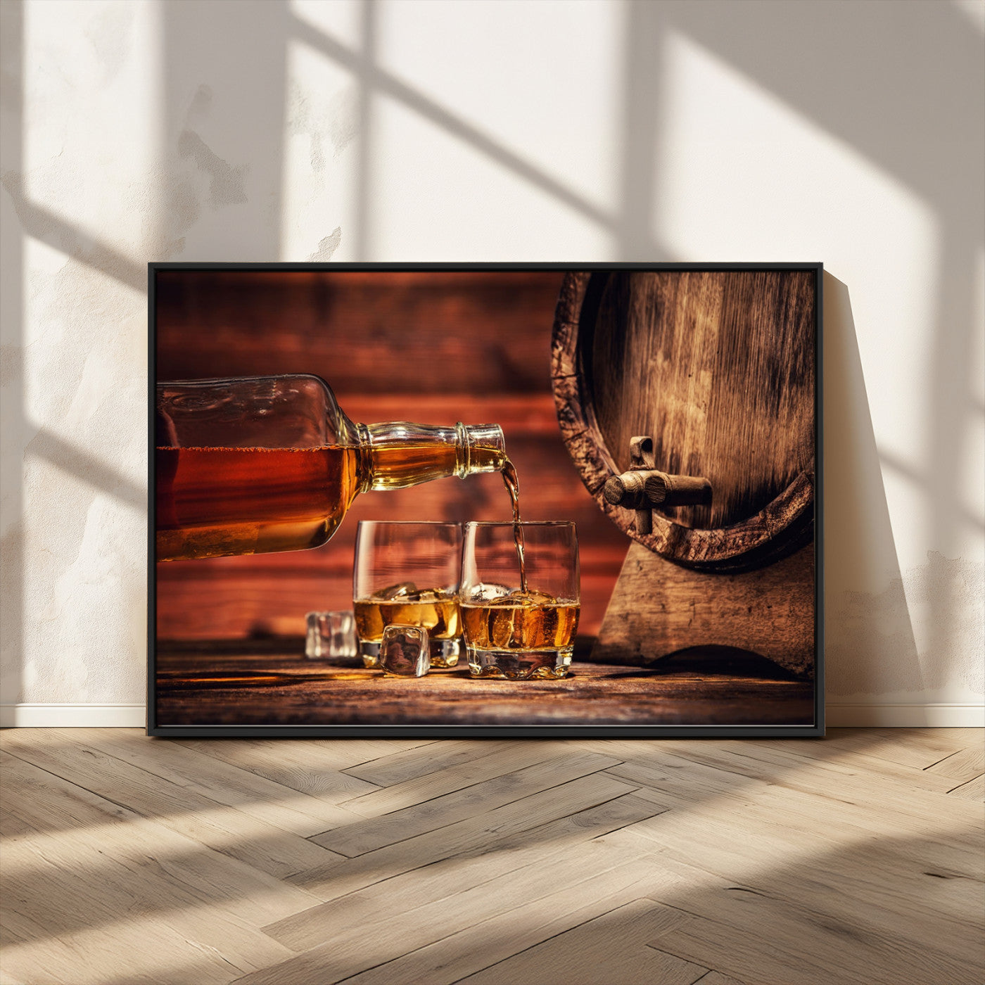 21266-MGV-CV-36X24-Pouring Whiskey into Glasses with Ice – Rustic Wooden Barrel Background, Warm Ambient Lighting, Ideal Decor for Home or Office