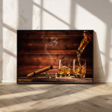 41139-MGV-FC-36X24_Black-Whiskey and Cigar Still Life – Glasses with Ice and Pouring Amber Drink on Wooden Table with Smoke, Elegant Bar or Lounge Wall