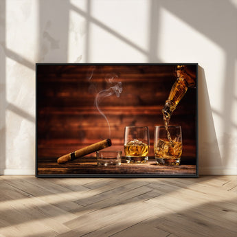 41139-MGV-FC-36X24_Black-Whiskey and Cigar Still Life – Glasses with Ice and Pouring Amber Drink on Wooden Table with Smoke, Elegant Bar or Lounge Wall
