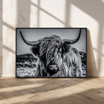 97372-MGV-CV-36X24-Elegant Highland Cow Wall Art – Black and White Canvas Print, Rustic Nature Decor for Home, Office, Living Room or Man Cave