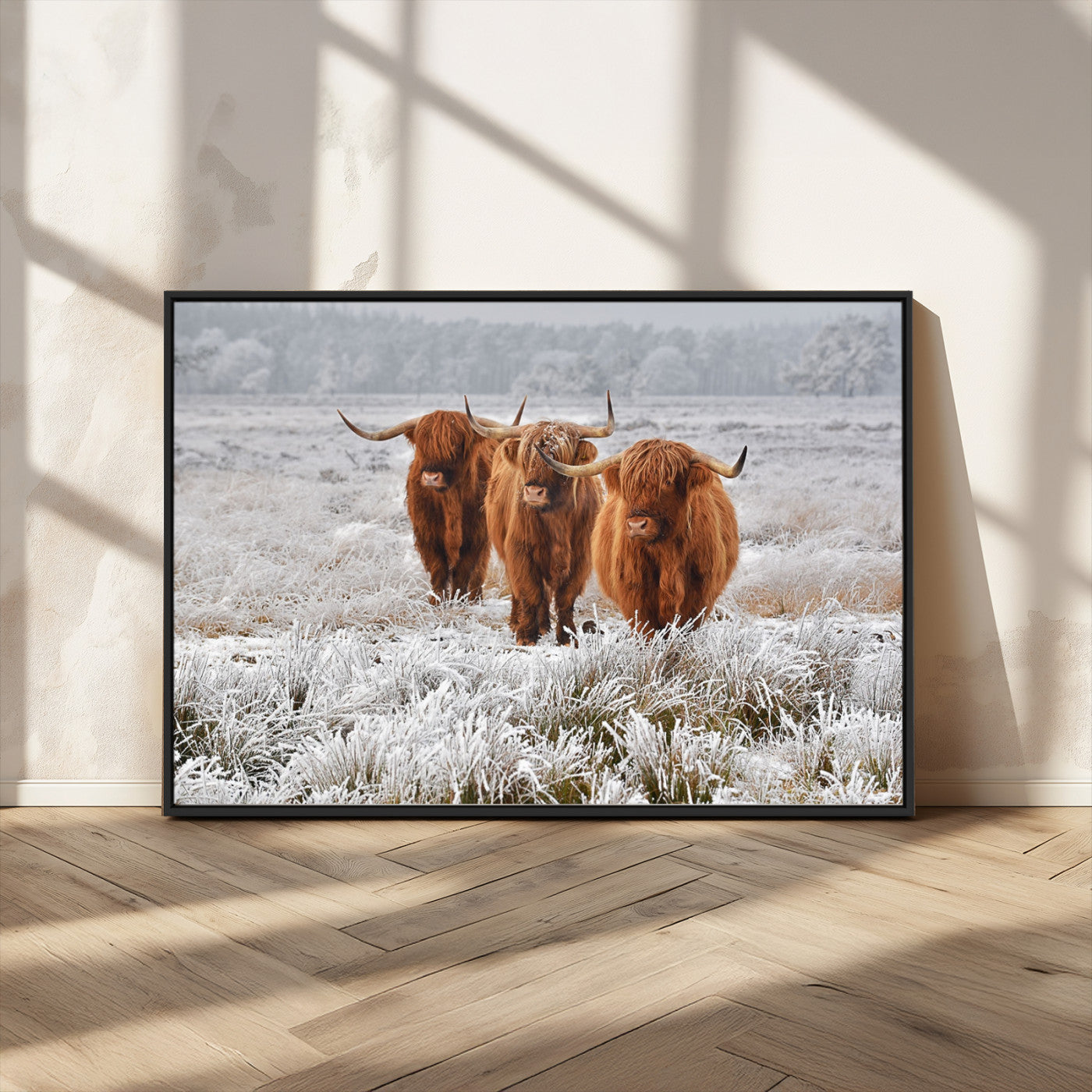 10396-MGV-FC-36X24_Black-Highland Cattle Wall Art – Rustic Winter Landscape Canvas Print, Farmhouse Decor for Living Room, Office, Cabin or Country Home