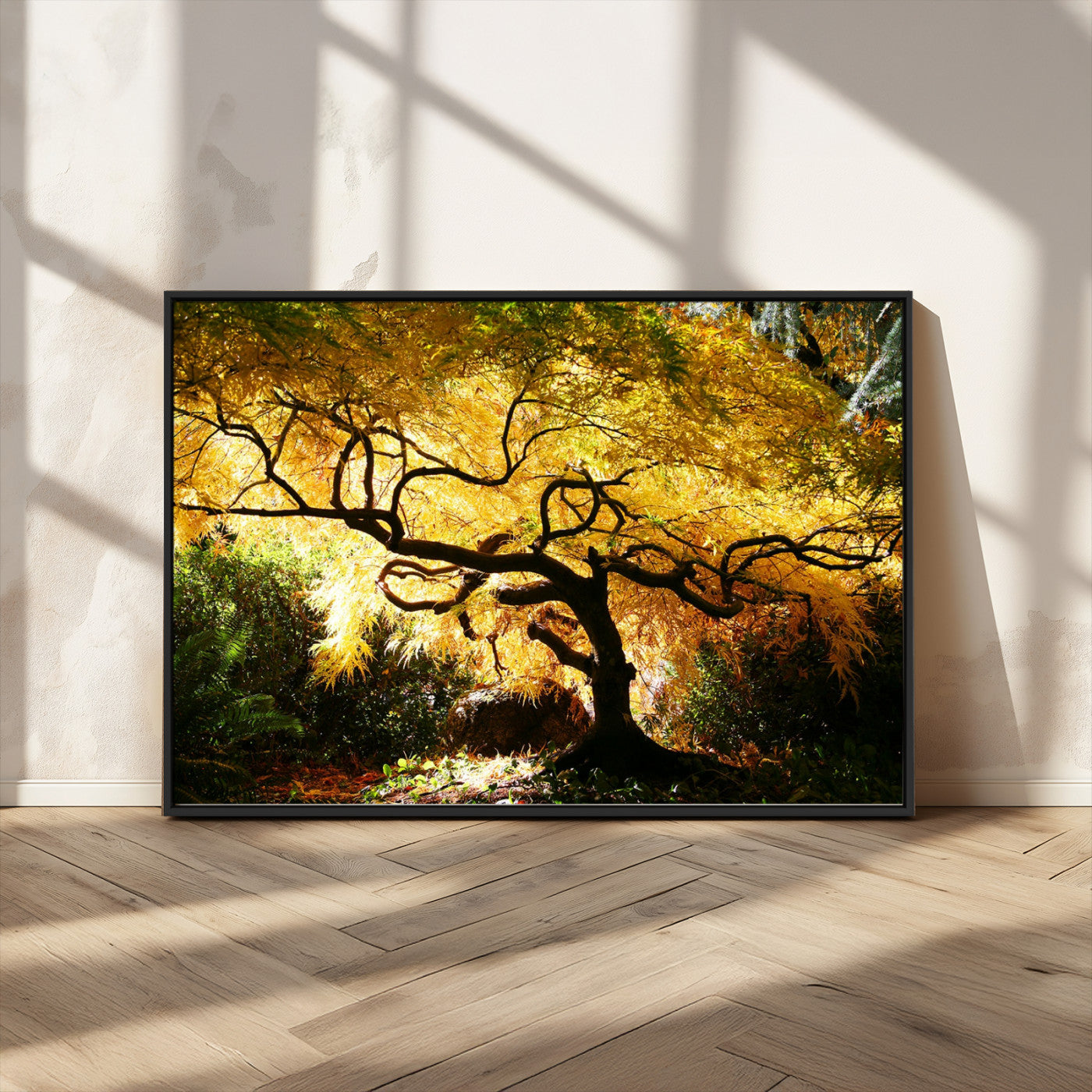 19067-MGV-FC-36X24_Black-Golden Canopy Wall Art – Panoramic Autumn Tree Canvas Print, Warm Seasonal Decor for Living Room, Office or Garden Space