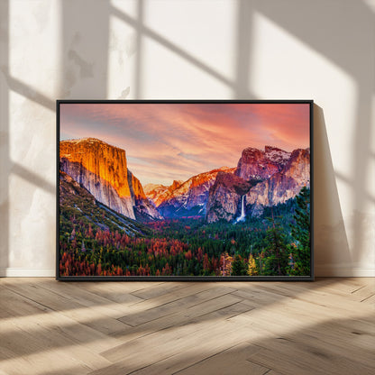 24519-MGV-CV-36X24-Yosemite Valley Sunset Wall Art – Majestic Mountain Landscape with Waterfall and Vibrant Sky, Nature Photography for Home or