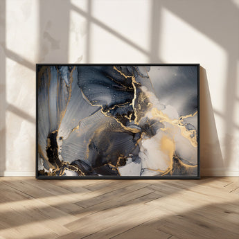 24068-MGV-CV-36X24-Luxury Abstract Wall Art – Gold & Gray Fluid Ink Painting Canvas, Modern Metallic Home Decor, Elegant Office or Living Room Accent