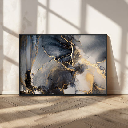 24068-MGV-CV-36X24-Luxury Abstract Wall Art – Gold & Gray Fluid Ink Painting Canvas, Modern Metallic Home Decor, Elegant Office or Living Room Accent