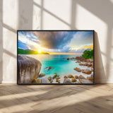 23769-MGV-CV-36X24-Tropical Beach Sunset Wall Art – Ocean Waves and Rocky Shore Canvas Print, Coastal Seascape Photography Decor
