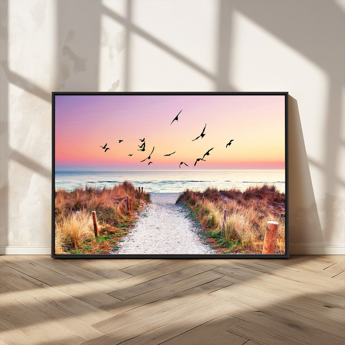 54411-MGV-CV-36X24-Beach Path with Birds Wall Art – Coastal Sunset Ocean Canvas Print, Seaside Nature Landscape Photography for Living Room, Bedroom
