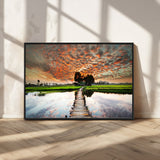 29105-MGV-CV-36X24-Rustic Wooden Bridge Wall Art – Scenic Sunset Over Rice Fields and Reflective Water Canvas Print, Nature Landscape Decor for