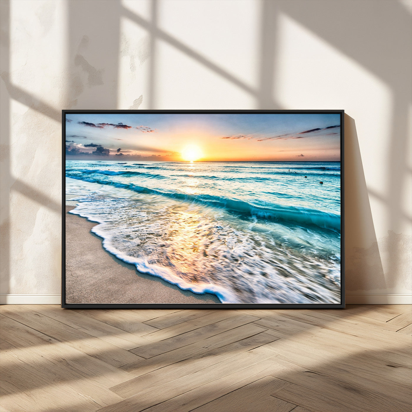 27815-MGV-CV-36X24-Ocean Sunrise Beach Wall Art – Serene Coastal Canvas Print with Waves and Golden Morning Light, Relaxing Seascape Decor for