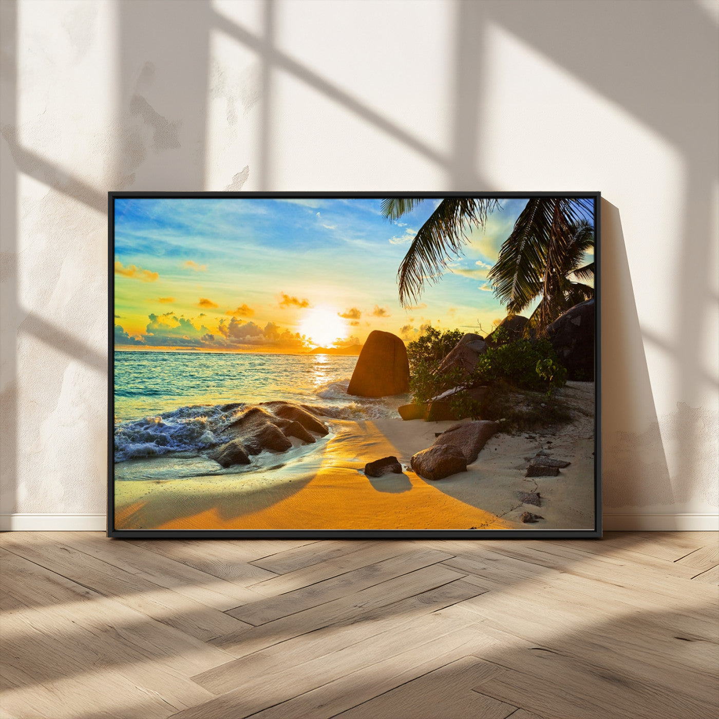 26181-MGV-CV-36X24-Golden Tropical Sunset Beach Wall Art – Ocean Canvas Print with Palm Trees and Rocks, Coastal Paradise Decor for Living Room or